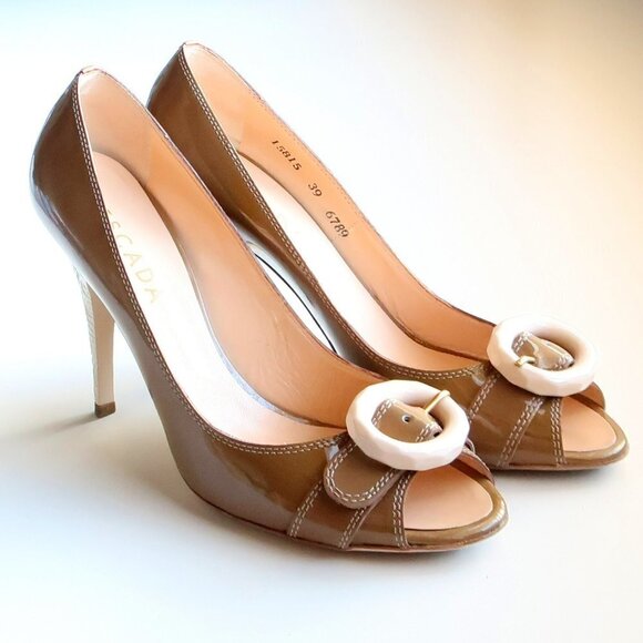 Escada Patent Leather Peep Toe Heels Pumps Designer Formal Dress Shoes Size 8.5